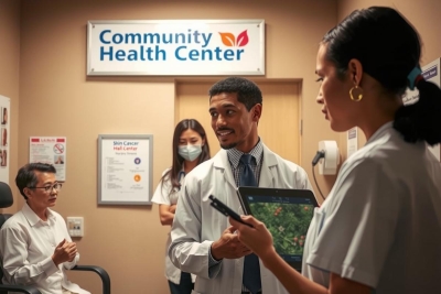 The image shows a healthcare setting, possibly a doctor's office or a clinic. In the foreground, there are two healthcare professionals engaged in a discussion with a patient seated nearby. 