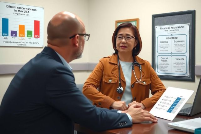 The image depicts an office setting where a male and female are engaged in conversation. The woman is seated at a desk, dressed professionally with a white coat over a brown jacket, indicating she may be a medical professional. She has glasses on and appears to be listening attentively.