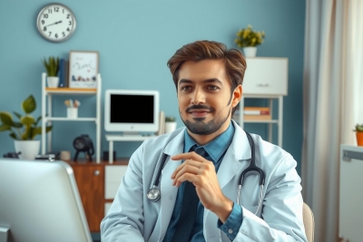 The image portrays a scene from a virtual doctor's office. In the center, there is a male physician wearing a white lab coat and tie, seated at a desk with a computer monitor in front of him.