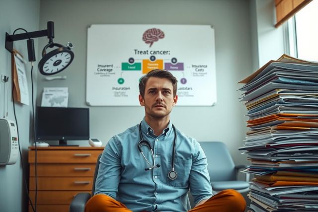 The image shows a man in a medical setting. He is seated on the floor with his legs crossed, dressed as a physician, indicating he may be a doctor or healthcare professional. The room appears to be an office or consultation space, as suggested by the presence of a desk and various stacks of papers nearby.