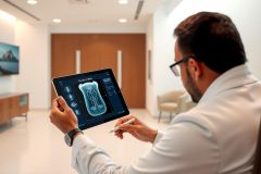 Doctor examines a brain scan on a tablet, in a modern medical office. The image highlights healthcare technology and diagnostic imaging, with a focus on neurological health.