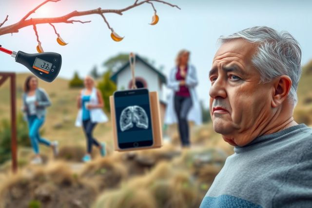 The image depicts a man in the foreground looking at his phone, seemingly concerned or focused on something. In the background, there are several people engaged in outdoor activities such as jogging and enjoying nature. The environment suggests a park or an open area with trees and natural surroundings. The colors are varied but mainly depict everyday life scenes with natural lighting.