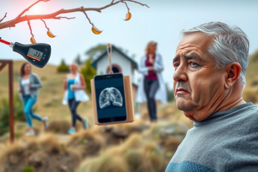 The image depicts a man in the foreground looking at his phone, seemingly concerned or focused on something. In the background, there are several people engaged in outdoor activities such as jogging and enjoying nature. The environment suggests a park or an open area with trees and natural surroundings. The colors are varied but mainly depict everyday life scenes with natural lighting.