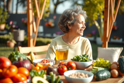 The image depicts a smiling elderly woman seated at an outdoor table, enjoying a healthy and colorful array of fresh vegetables. The setting appears to be a sunny patio or garden area with greenery in the background.