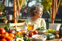 The image depicts a smiling elderly woman seated at an outdoor table, enjoying a healthy and colorful array of fresh vegetables. The setting appears to be a sunny patio or garden area with greenery in the background.