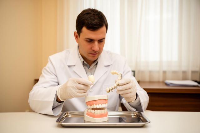Dentist in gloves comparing a single dental crown and a multi-tooth bridge above a dental model.