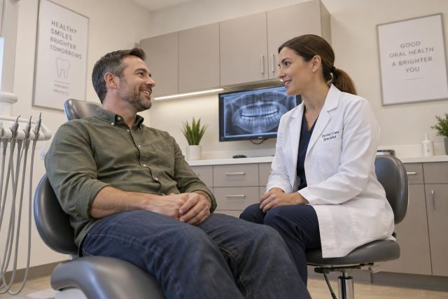 Dentist consulting with patient in dental operatory, panoramic x‑ray visible on screen.