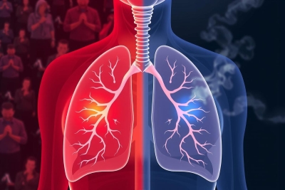 The image depicts a 3D illustration of human lungs, with healthy pink areas representing oxygen-rich air and red areas indicating areas affected by smoke pollution.