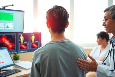 In a modern medical setting, a physician in white coat stands behind a patient seated in front of multiple monitors displaying vital signs. The doctor's hand is placed gently on the back of the sitting patient, suggesting a consultation or examination taking place in an advanced diagnostic environment.