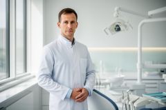 A clothed oral surgeon stands in a bright dental operatory, hands clasped, with dental chair and instruments behind him.