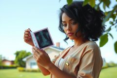 A woman is holding a pink phone or digital device, looking at it. The device displays an image of what appears to be an X-ray on the screen. She's wearing a beige jacket and her expression is contemplative.