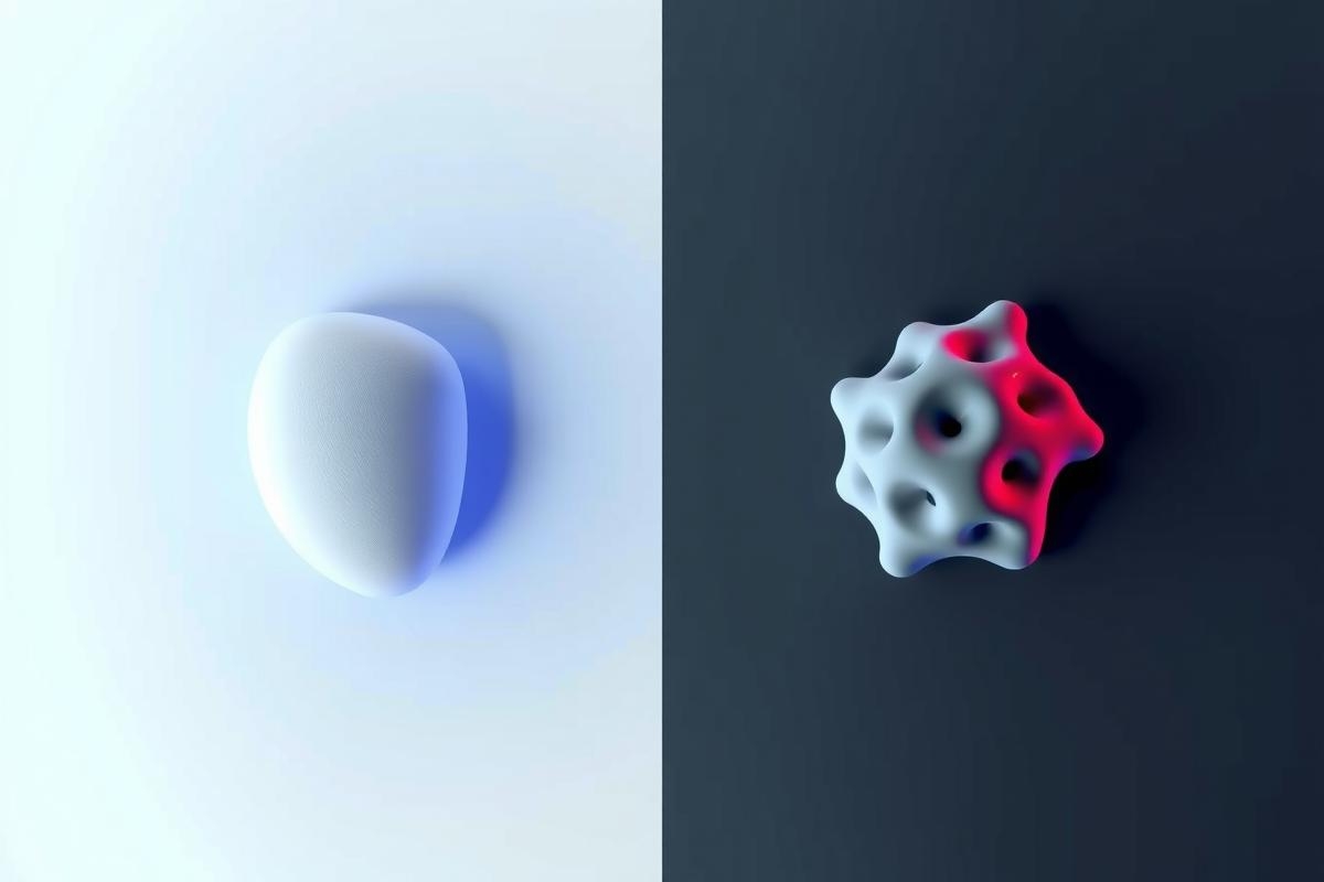 The image displays a comparison of two 3D-rendered objects, one spherical and the other with a complex, irregular structure. Both are presented in white against a neutral gray background, highlighting their forms.