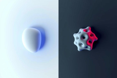 The image displays a comparison of two 3D-rendered objects, one spherical and the other with a complex, irregular structure. Both are presented in white against a neutral gray background, highlighting their forms.
