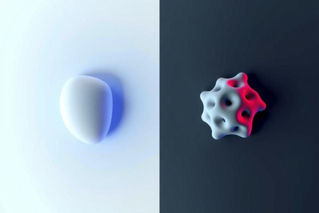 The image displays a comparison of two 3D-rendered objects, one spherical and the other with a complex, irregular structure. Both are presented in white against a neutral gray background, highlighting their forms.