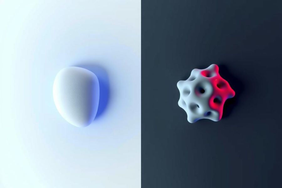 The image displays a comparison of two 3D-rendered objects, one spherical and the other with a complex, irregular structure. Both are presented in white against a neutral gray background, highlighting their forms.