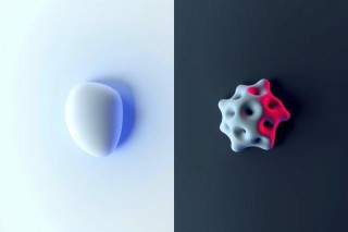 The image displays a comparison of two 3D-rendered objects, one spherical and the other with a complex, irregular structure. Both are presented in white against a neutral gray background, highlighting their forms.
