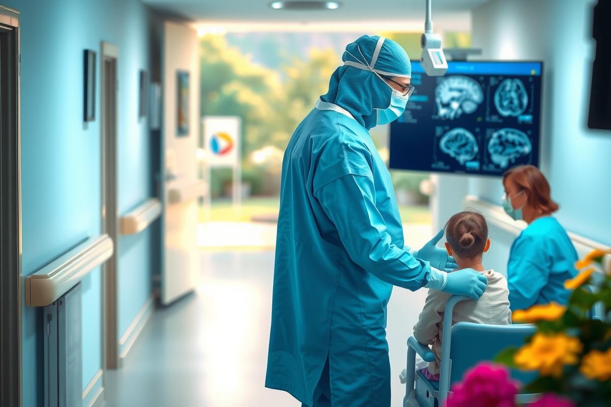 The image shows a hospital environment with medical professionals wearing surgical gowns and masks. In the foreground, a surgeon is interacting with a young child, possibly conducting an examination or explaining a procedure.