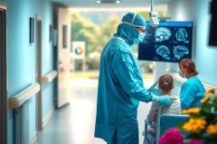 The image shows a hospital environment with medical professionals wearing surgical gowns and masks. In the foreground, a surgeon is interacting with a young child, possibly conducting an examination or explaining a procedure.