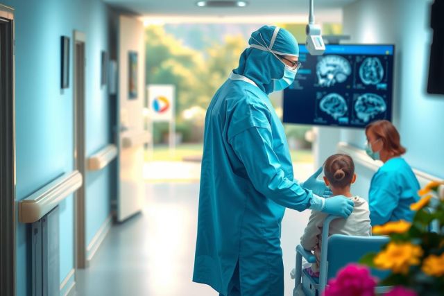 The image shows a hospital environment with medical professionals wearing surgical gowns and masks. In the foreground, a surgeon is interacting with a young child, possibly conducting an examination or explaining a procedure.