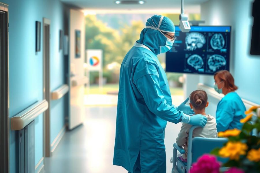 The image shows a hospital environment with medical professionals wearing surgical gowns and masks. In the foreground, a surgeon is interacting with a young child, possibly conducting an examination or explaining a procedure.