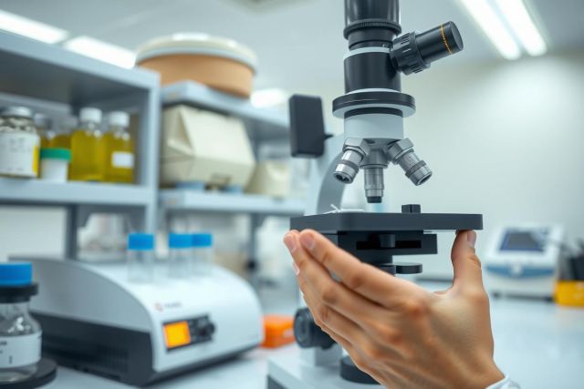 The image depicts a person in a laboratory setting, holding a microscope and examining samples under magnification. The environment is well-lit and appears to be a scientific or medical research facility, as evidenced by the array of test tubes, chemicals, and other equipment on the shelves in the background.
