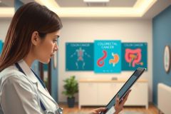 The image depicts a medical professional, likely a doctor or nurse, in an office environment. The individual is holding a tablet, which appears to be displaying educational or informative content about colorectal cancer and related health topics.