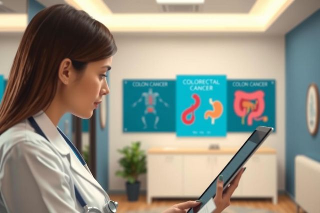 The image depicts a medical professional, likely a doctor or nurse, in an office environment. The individual is holding a tablet, which appears to be displaying educational or informative content about colorectal cancer and related health topics.