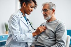 Doctor examining an elderly patient with a stethoscope in a bright, modern medical office. Healthcare professional conducting a checkup, showcasing preventative care and senior health. Focus on professional medical consultation and patient well-being. White and gray color palette.