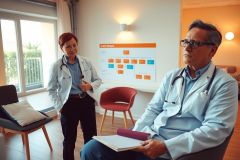 Medical professionals engaged in discussion within a modern clinic setting. One doctor is standing, gesturing with a pen, while the other sits and listens attentively.