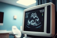 Ultrasound machine displaying a fetal image. Medical equipment in a clinical setting with blue walls. Healthcare technology for prenatal care and diagnostics.