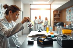 The image depicts a woman in a laboratory setting, dressed in a white coat indicative of scientific work. She is looking down at a test tube with a focused expression. The lab is well-equipped with various pieces of research equipment and has an organized workspace environment.