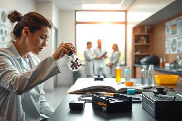 The image depicts a woman in a laboratory setting, dressed in a white coat indicative of scientific work. She is looking down at a test tube with a focused expression. The lab is well-equipped with various pieces of research equipment and has an organized workspace environment.