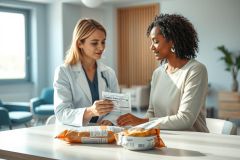Doctor consulting with patient about food labels in a bright, modern clinic. Focus on nutrition, healthy eating, and dietary advice. Blue and white color palette, professional healthcare setting.