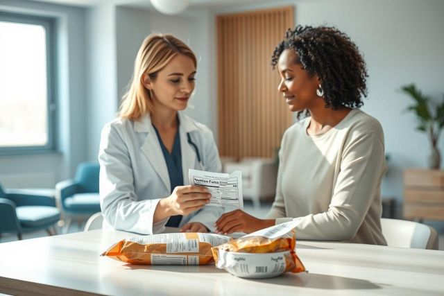 Doctor consulting with patient about food labels in a bright, modern clinic. Focus on nutrition, healthy eating, and dietary advice. Blue and white color palette, professional healthcare setting.