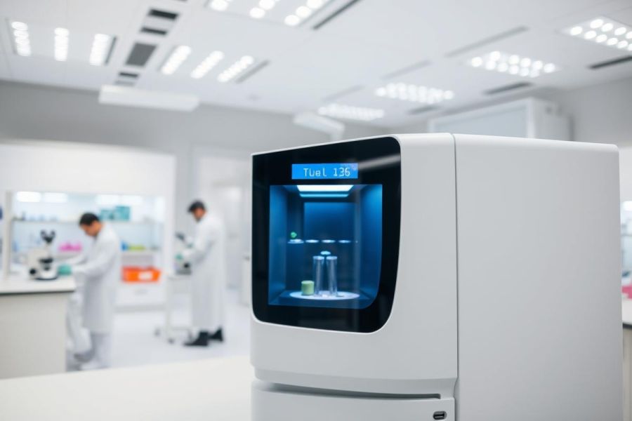 Modern laboratory setting featuring a sophisticated scientific instrument with a blue illuminated interior. Two scientists in white lab coats are visible in the background, working in a bright, clean, and sterile environment. Focus is on the instrument, suggesting research, biotechnology, or medical testing.