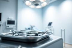 Surgical instruments on a tray in a bright, sterile operating room. The scene features stainless steel tools, medical equipment, and a blue-toned, clinical environment illuminated by an overhead surgical lamp. Focus is on the instruments, suggesting a medical or dental setting.