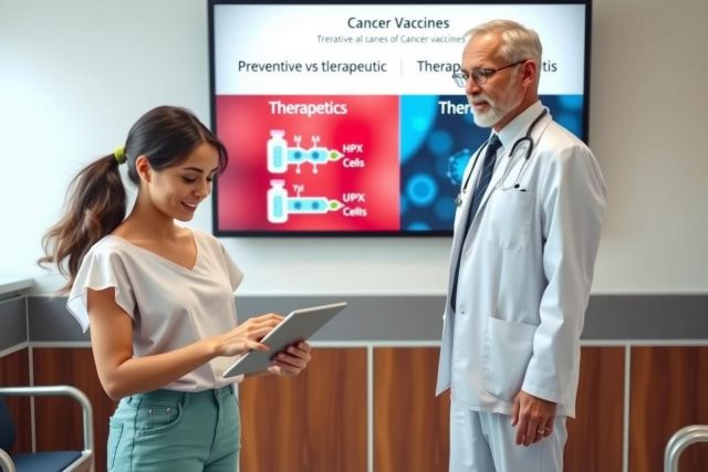 The image depicts an indoor medical office setting with a doctor and patient. The doctor, wearing a white coat, is standing while the patient is seated. They are engaged in a discussion using a tablet computer as part of their consultation.