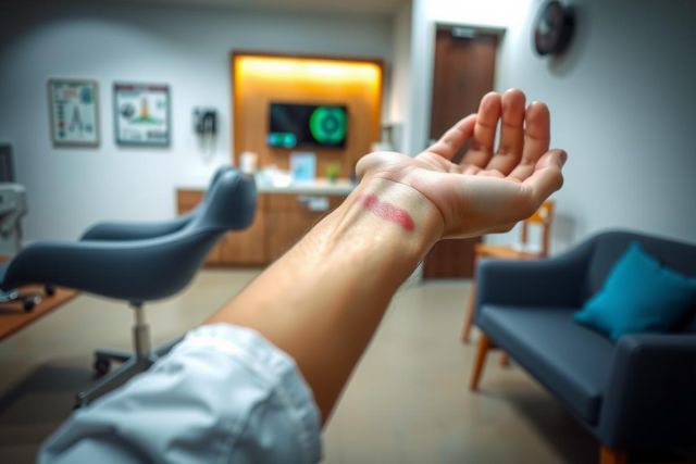 Close-up of a hand in a modern office setting. The hand is the central focus, with blurred background elements including chairs, a couch, and a television. The scene features warm lighting and a professional aesthetic.