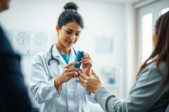 Healthcare professional in a white coat demonstrates inhaler use to a patient in a clinic setting. Focus on medical care, asthma treatment, and respiratory health. Features a modern, bright interior with blue accents. Ideal for medical stock photography and related searches.