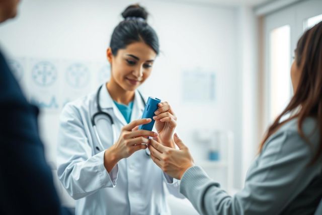 Healthcare professional in a white coat demonstrates inhaler use to a patient in a clinic setting. Focus on medical care, asthma treatment, and respiratory health. Features a modern, bright interior with blue accents. Ideal for medical stock photography and related searches.