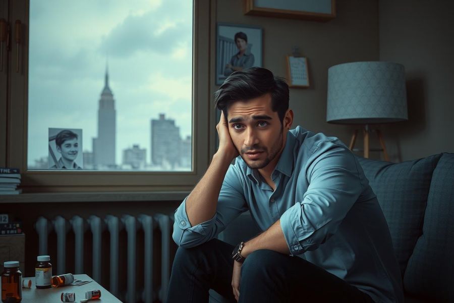 The image depicts a young man with dark hair and a beard, sitting on a couch indoors. He has a contemplative expression and is wearing a light blue shirt. There are books stacked neatly beside him, implying he might be a reader or someone who enjoys quiet time indoors.