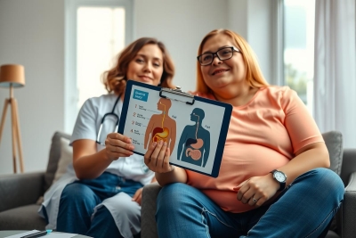The image shows two women, one of whom is a medical professional with white coat and stethoscope around her neck. She's holding a tablet with information about the other woman's health. Both are seated in a modern home setting with a couch and a lamp visible.