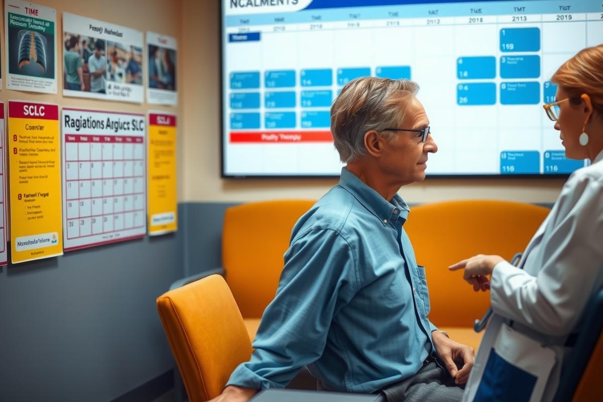 The image portrays a scene in an office setting where a man is seated facing towards the camera, engaged in conversation with another person standing. The office environment includes a couch and various posters on the wall indicating regulations, schedules, and possibly company information or services.