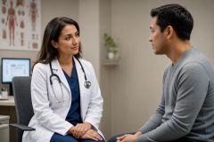 Doctor consulting with patient in clinic, calmly discussing respiratory testing options and results.