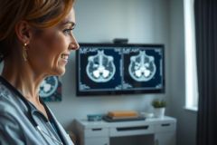 Doctor examines brain MRI scan on a screen, displaying neurological imaging. Focus on medical diagnosis, healthcare professional, and technology in a clinical setting.