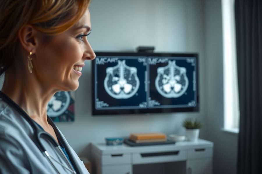 Doctor examines brain MRI scan on a screen, displaying neurological imaging. Focus on medical diagnosis, healthcare professional, and technology in a clinical setting.