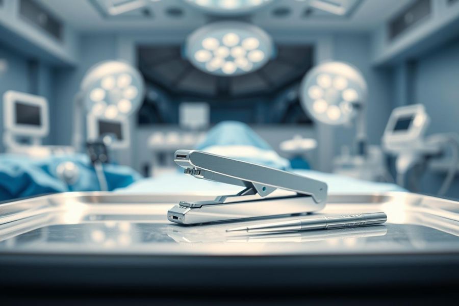 Surgical instruments, including a surgical stapler, on a stainless steel table in a blurred operating room setting. Blue and silver tones dominate, highlighting medical equipment and a sterile environment. Focus on surgical tools, healthcare, and OR.