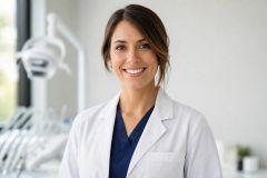 Smiling dental clinician in operatory, conveying calm professional care and patient recovery reassurance.