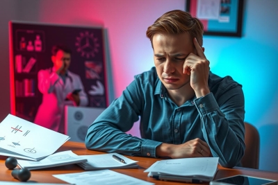 In the image, a young man sits at a desk in an office setting. Wearing a dark blue shirt and business suit, he appears to be working on papers or documents. His facial expression, as he rubs his temple, conveys a look of concentration or concern, suggesting deep thought or frustration.