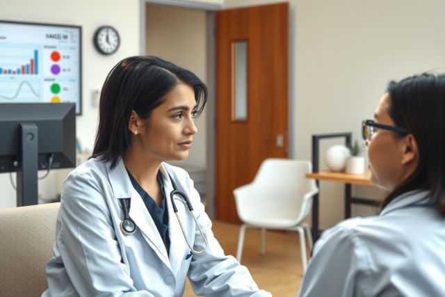 In the image, there is a female doctor wearing a white lab coat and a stethoscope, standing in an office environment. She appears to be engaged in conversation with another individual whose face is not visible.